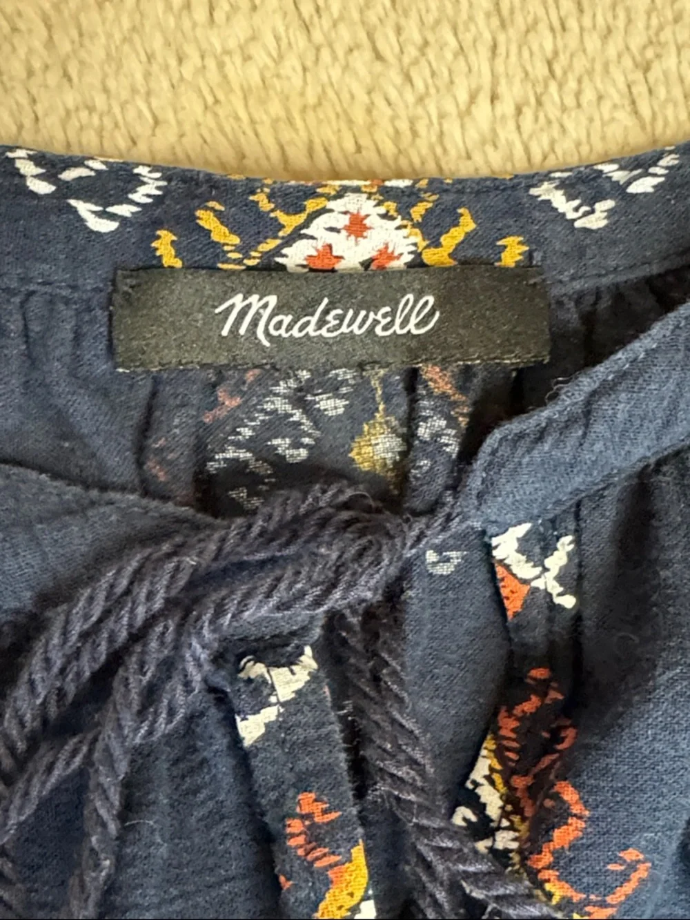 Madewell Marta Folkstitch Popover Top Navy Tassels Boho 3/4 Sleeve est sz L - Picture 2 of 8